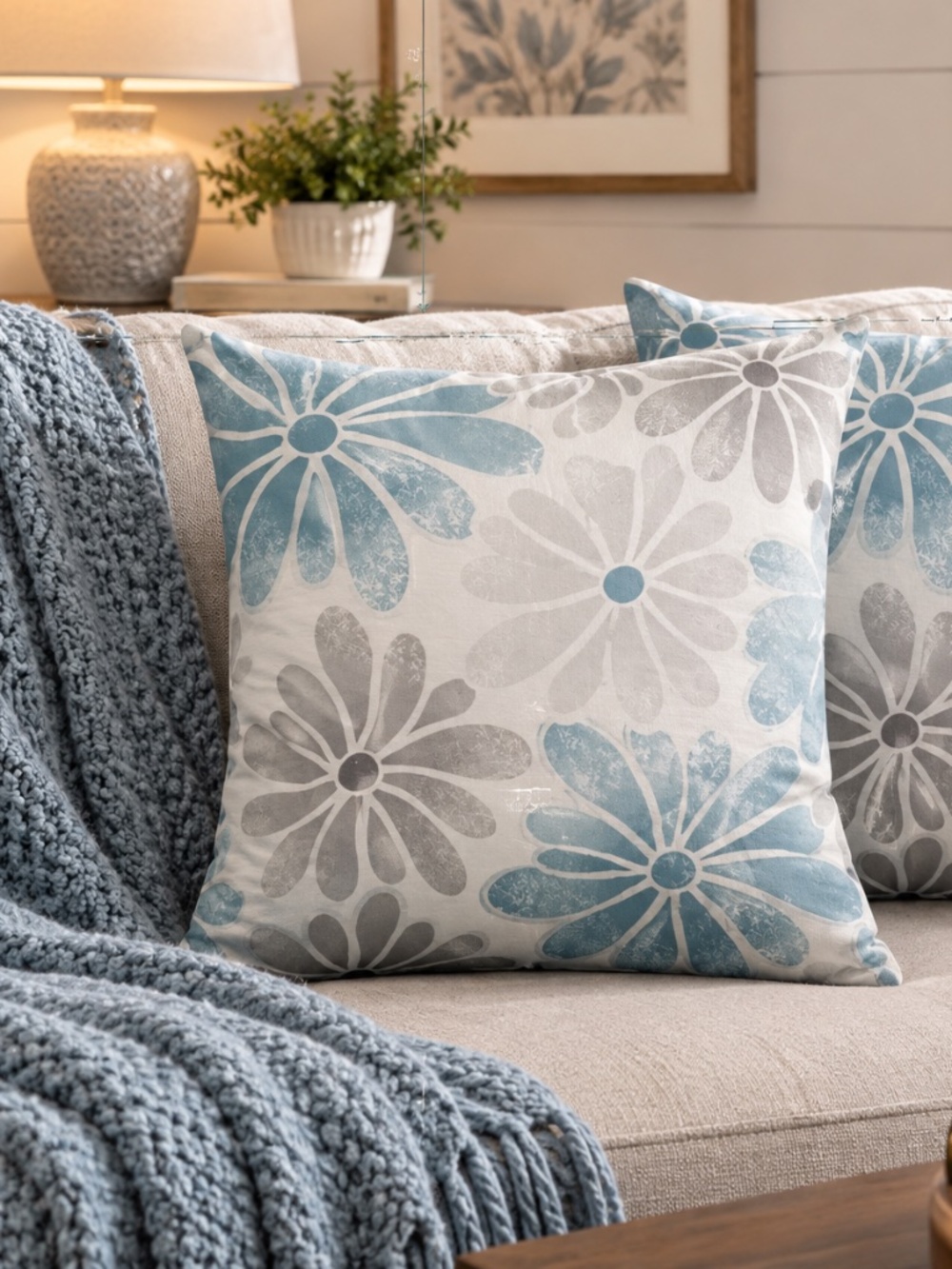 Daisy Blue Gray Throw Pillow Covers Set Of Two